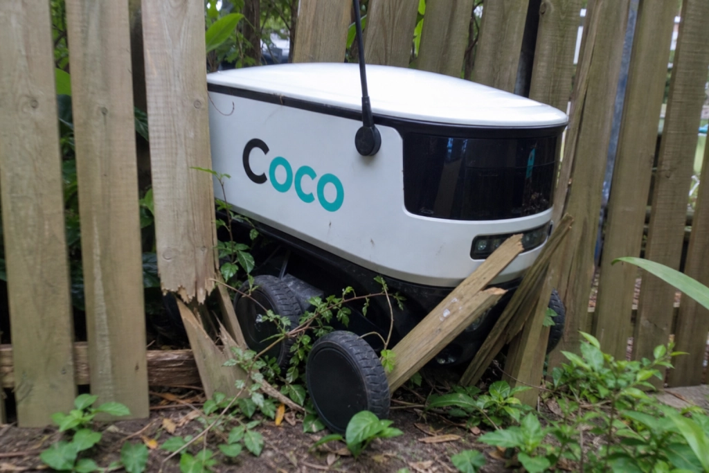 Matleveransrobot rev upp trädgården och drog bort ett helt staket