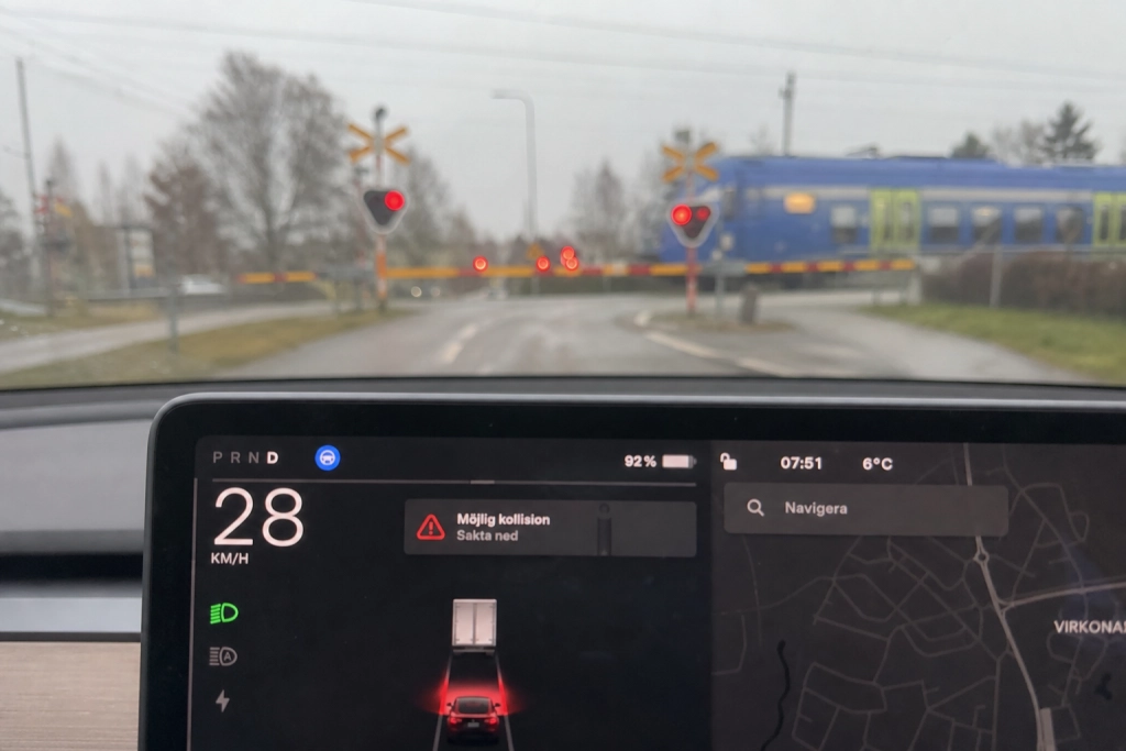 Biljournalist tvingades bromsa i sista stund, Teslas nyaste FSD missade tåget