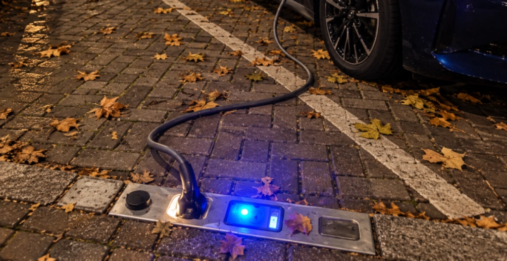 Tysklands smarta lösning på gatuparkeringens laddproblem: laddaren är gömd i trottoaren