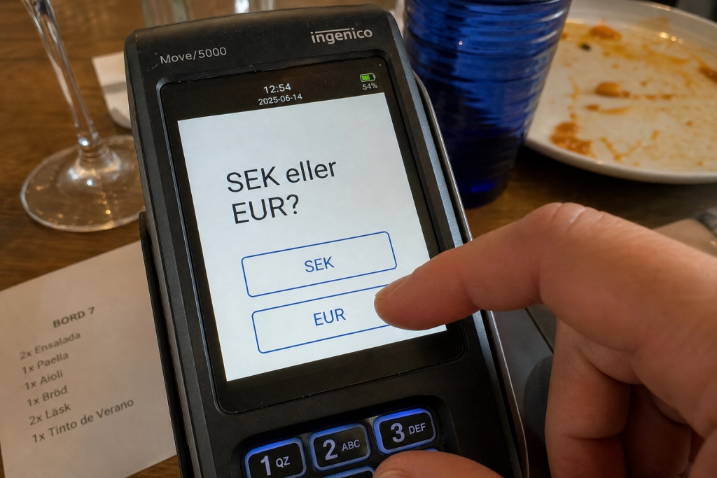 Väljer du kronor på kortterminalen utomlands betalar du upp till 5 procent mer: En knapp sparar dig hundratals kronor per resa